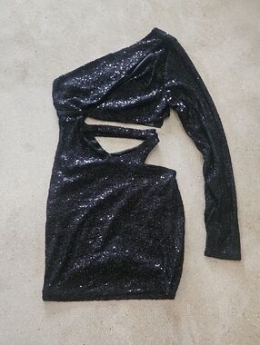 Fashion Nova Black Sequin One-Shoulder Cutout Mini Dress